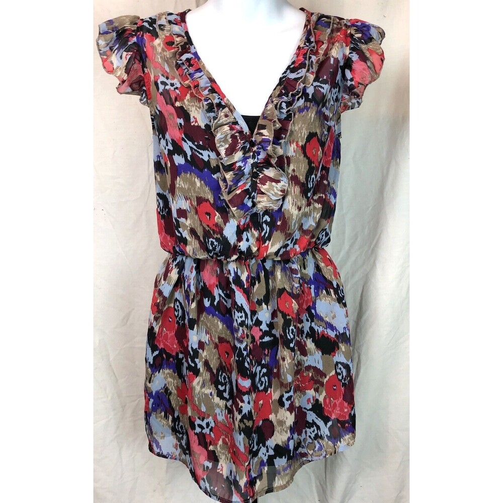 Vintage Mini Dress M Abstract Ruffles Inset V-Neck Coquette Fairy Y2K boho Artsy